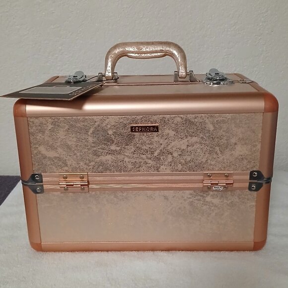 Sephora Metallic Rose Gold Train Case -- NWT w/shoulder strap and keys! - Picture 1 of 10